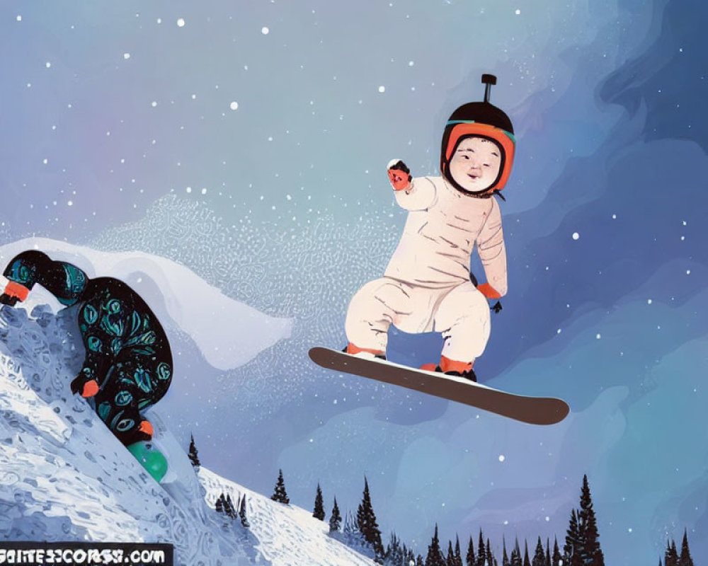 Stylized night snowboarding illustration with selfie and fall scene