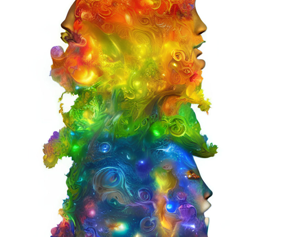 Colorful Digital Artwork: Two Profiles with Swirls and Cosmic Patterns