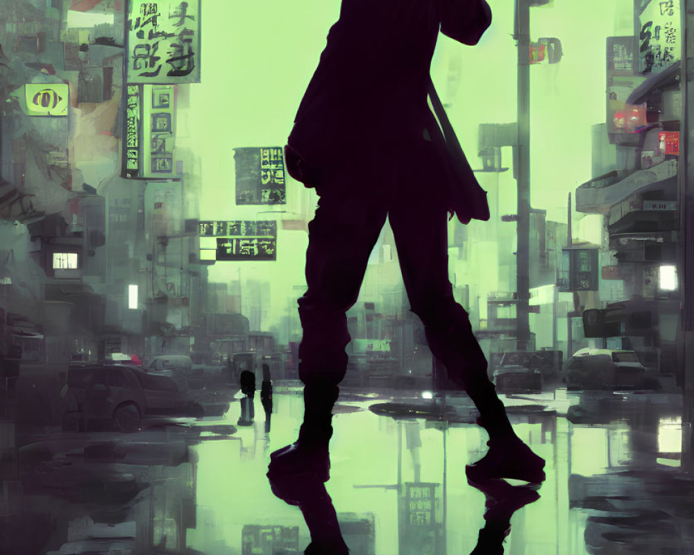 Black-haired anime character in coat in neon-lit rainy cityscape