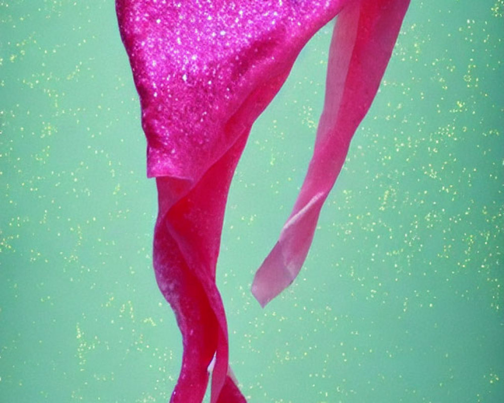Pink Glitter-Covered Sculpture Twisted Like Cloth on Green Background