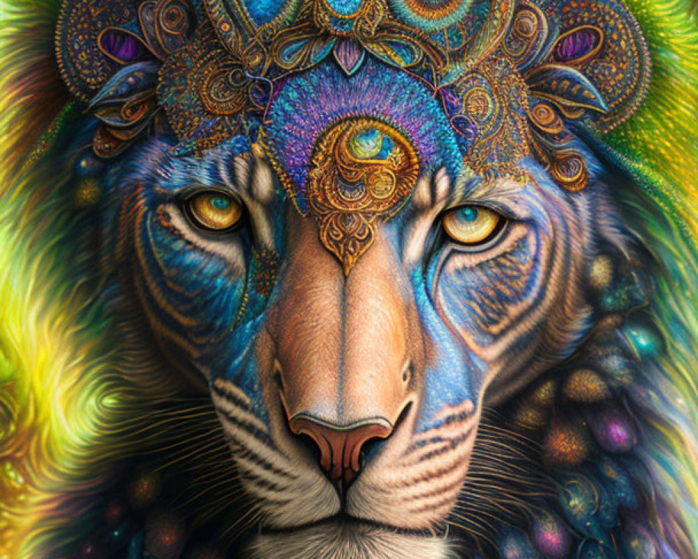 Colorful Psychedelic Lion Face Illustration with Ornate Decorations