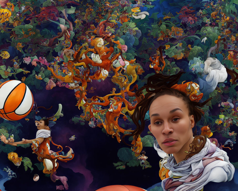 Surreal digital painting of basketball player in mid-jump amid vibrant floral chaos
