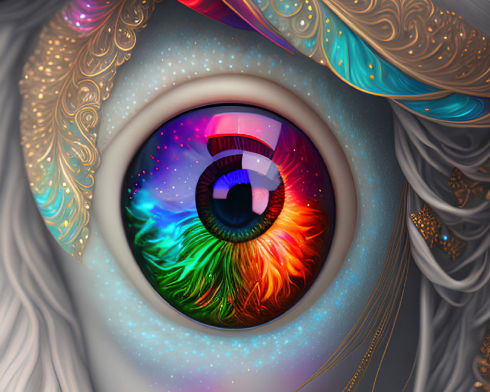 Detailed illustration of eye with rainbow iris and mystical aura