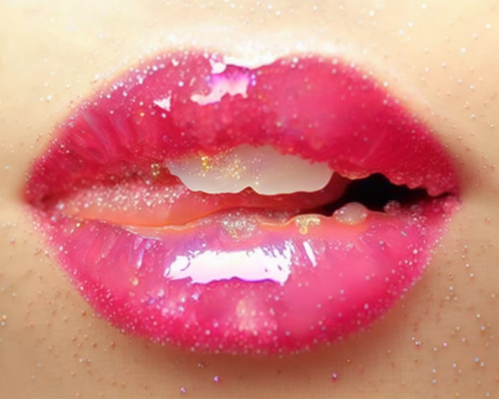 Detailed Close-Up of Pink Lips with Shimmering Particles on Skin-Toned Background