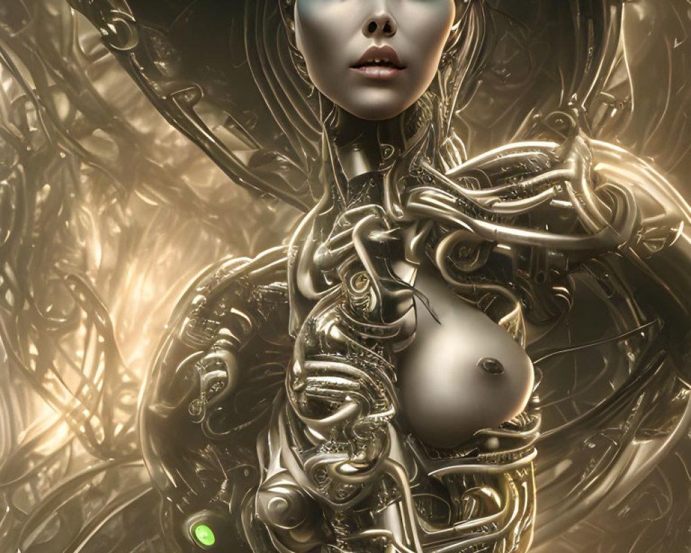 Futuristic female android with silver and gold mechanical parts and glowing green eye