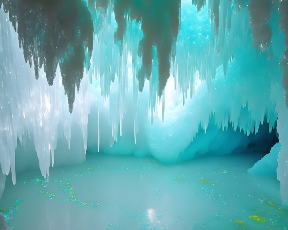 Icicle-filled cavern with frozen floor and blue glow