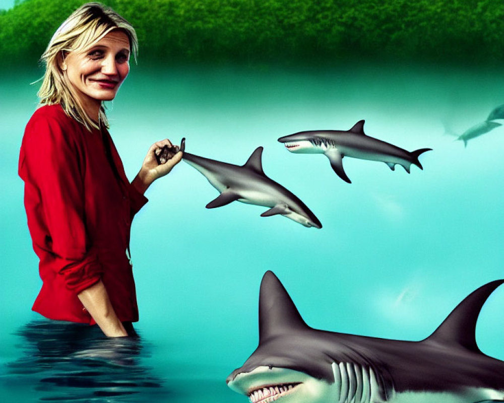 Woman in red top holding miniature shark with larger sharks in surreal underwater scene