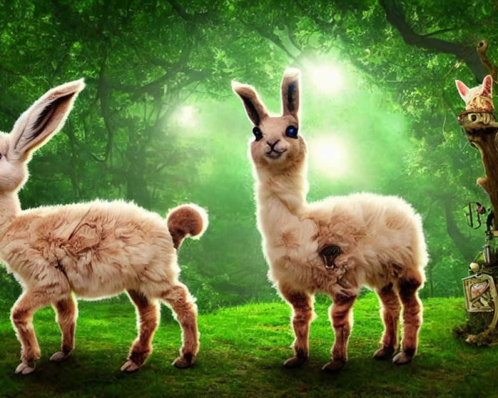 Stylized llamas with rabbit-like ears in mystical forest landscape