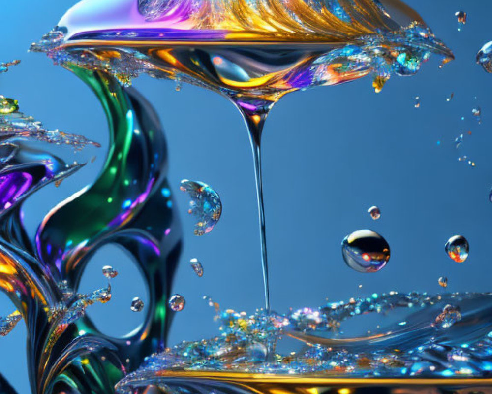 Vibrant metallic liquid splashes on blue background