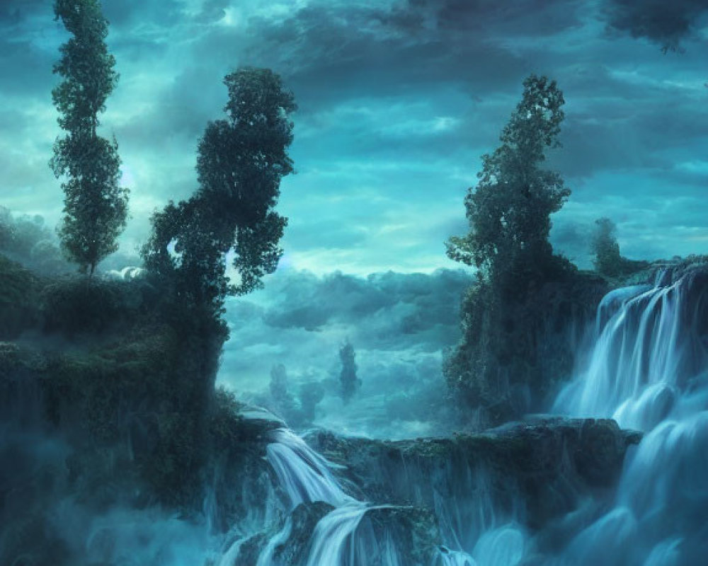 Mystical landscape with waterfalls, rock formations, and blue sky