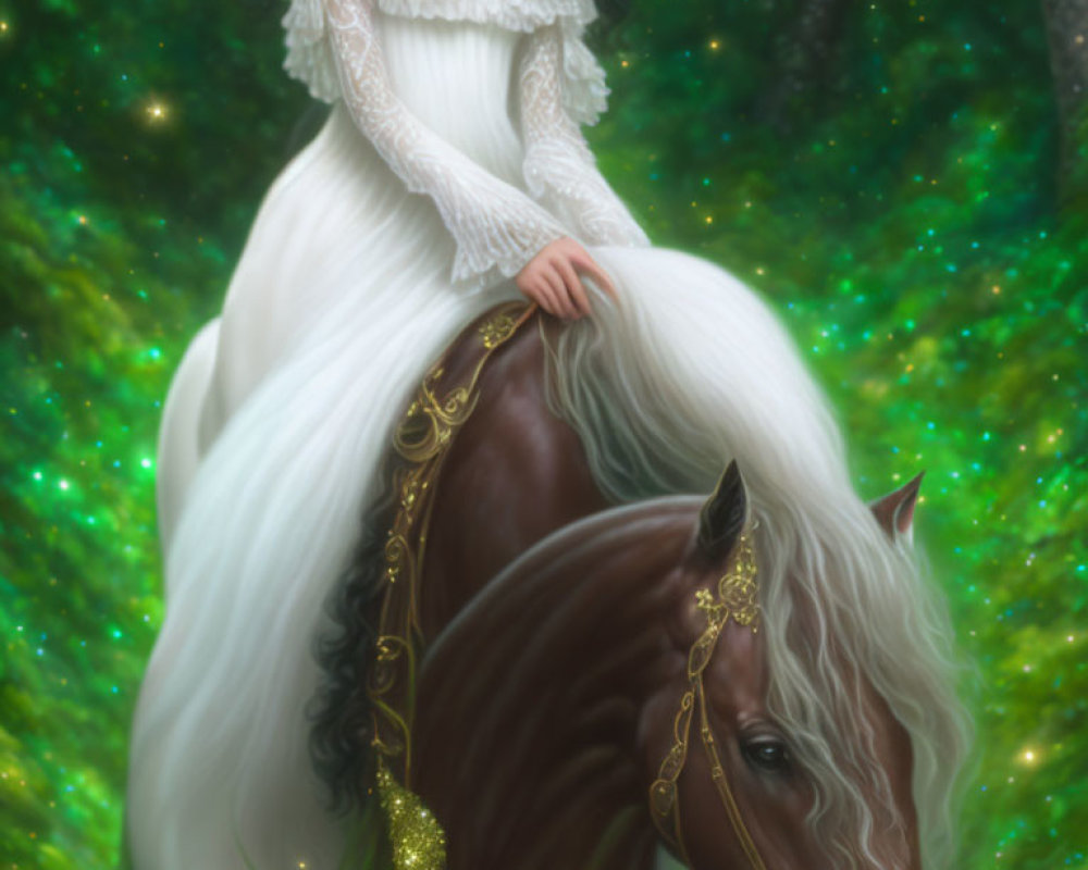 Dark-haired woman in Victorian dress on white horse in mystical forest