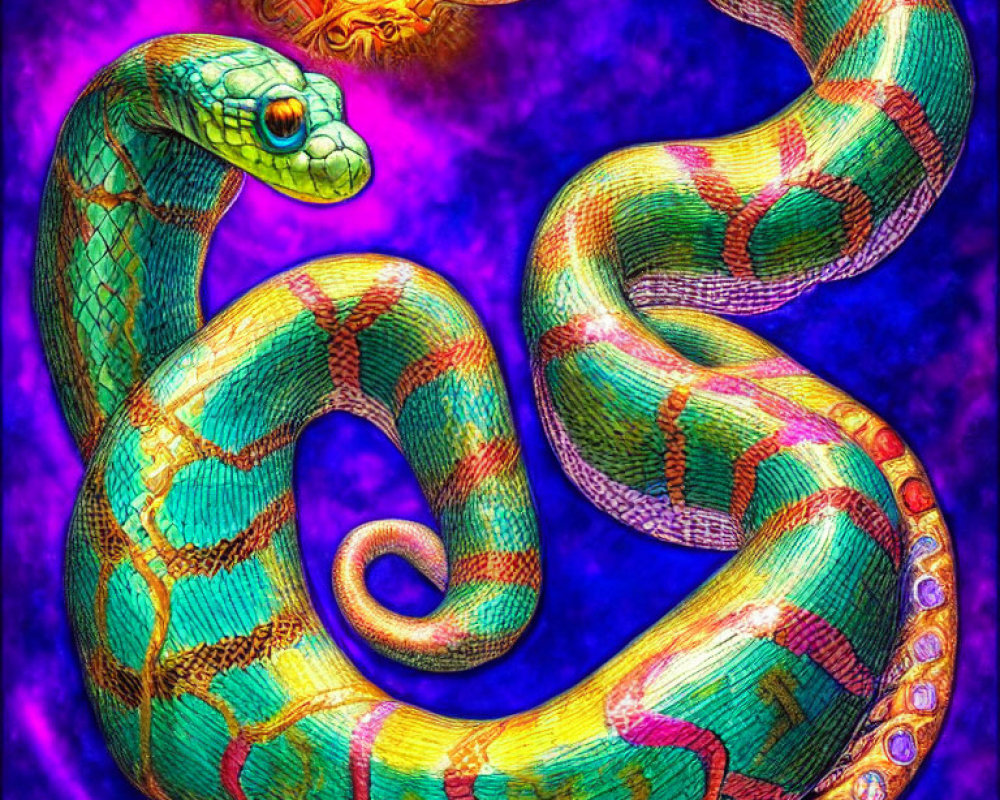 Colorful serpent with intricate patterns on purple background