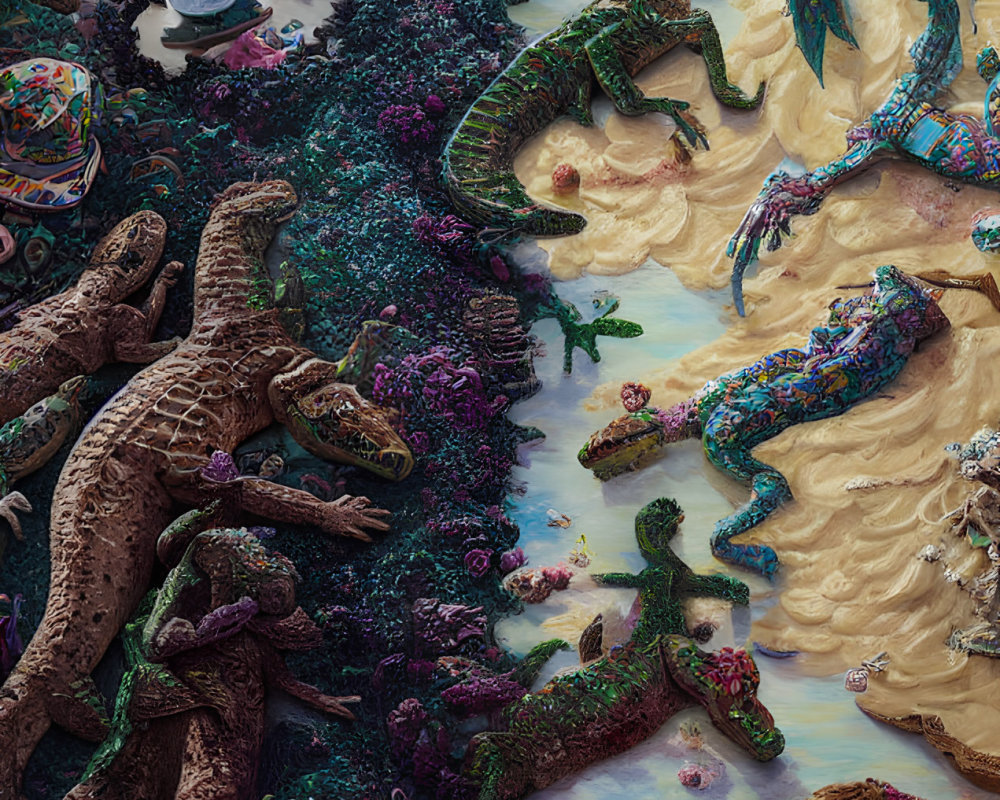 Colorful Crocodile Artwork in Vibrant Landscape