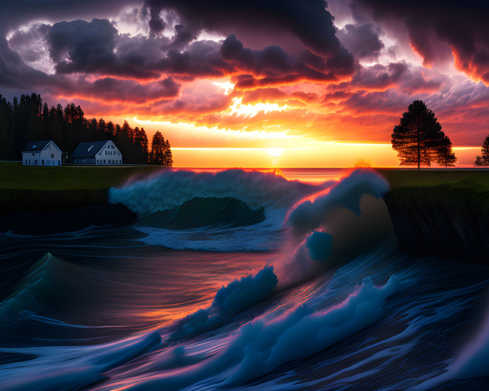 Vivid coastal sunset with dramatic clouds and curling waves