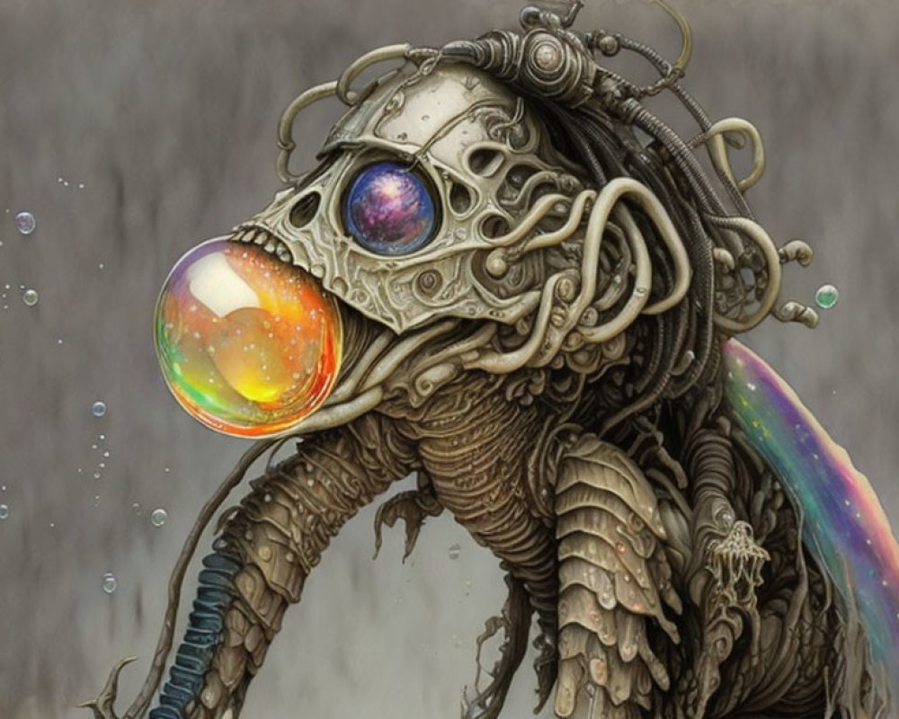Detailed Steampunk Creature with Vibrant Rainbow Bubble