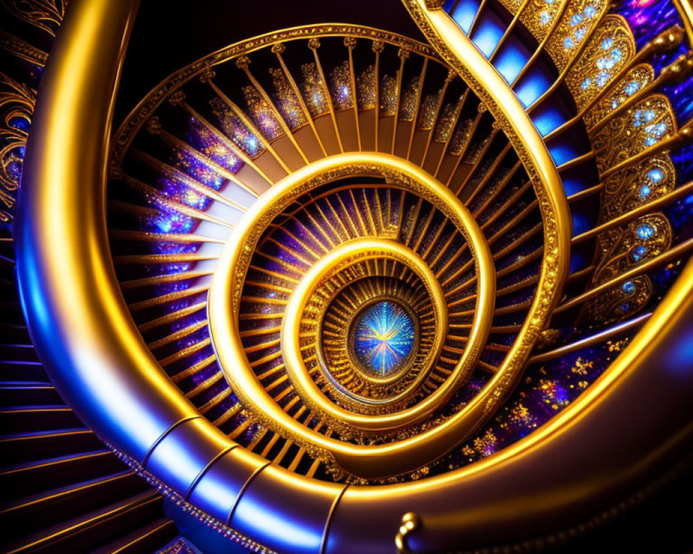 Luxurious spiraling staircase with golden balustrades and ornate patterns in warm lighting