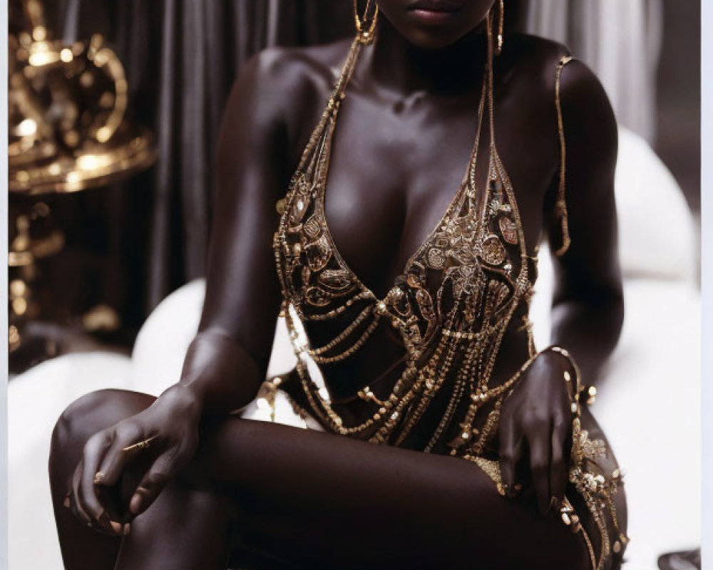 Dark-skinned woman adorned in golden jewelry poses elegantly against draped backdrop