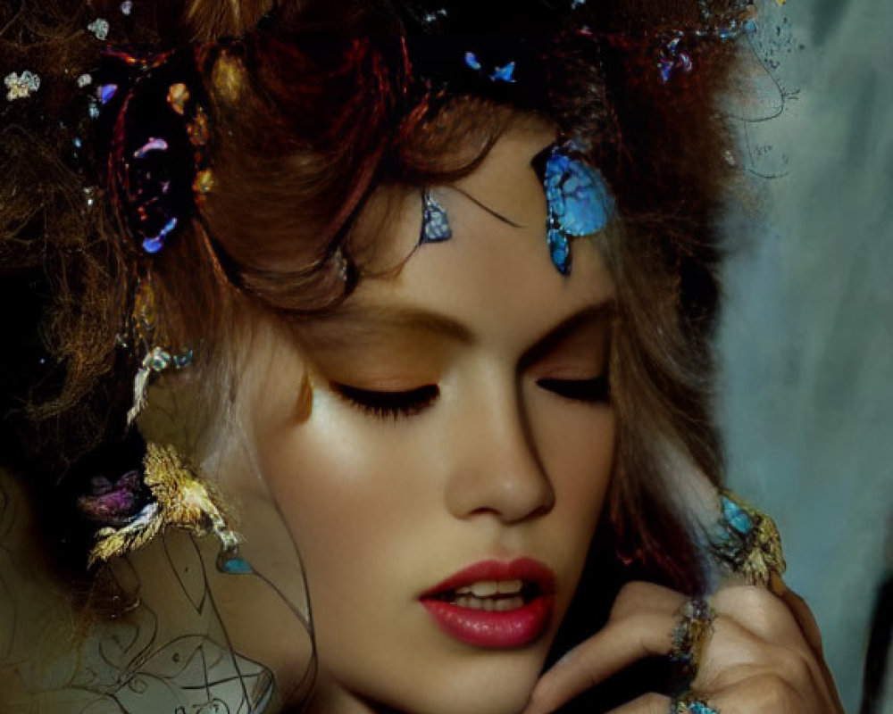 Woman with vibrant butterfly hair, intricate jewelry, and floral accents.