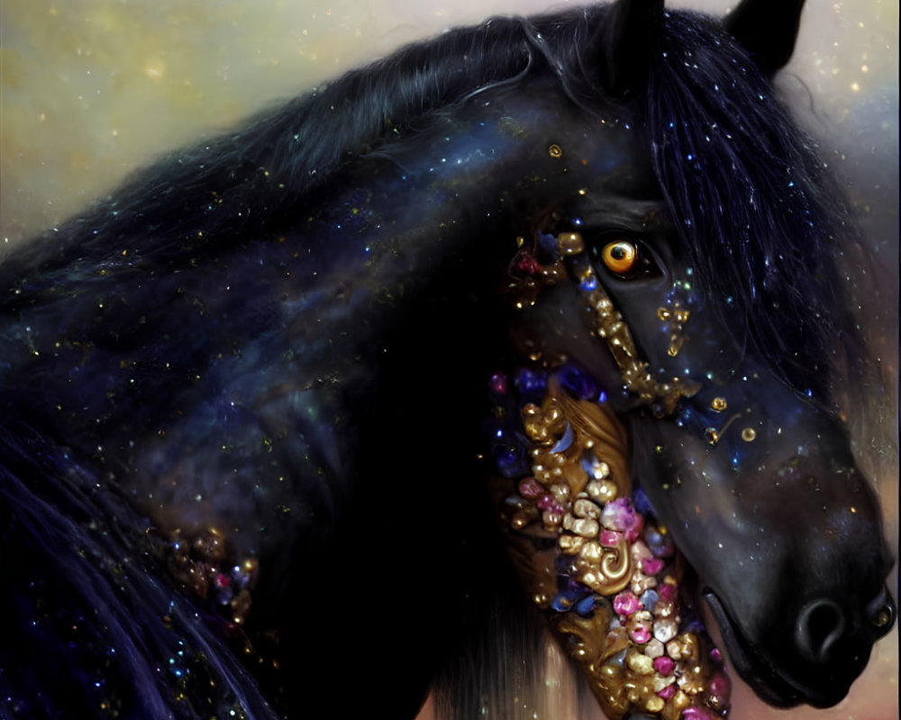 Majestic black horse with cosmic star-filled mane and golden jeweled bridle
