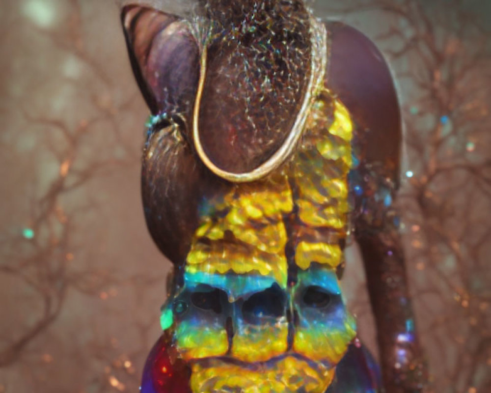 Colorful surreal artwork: humanoid figure, vibrant colors, iridescent textures