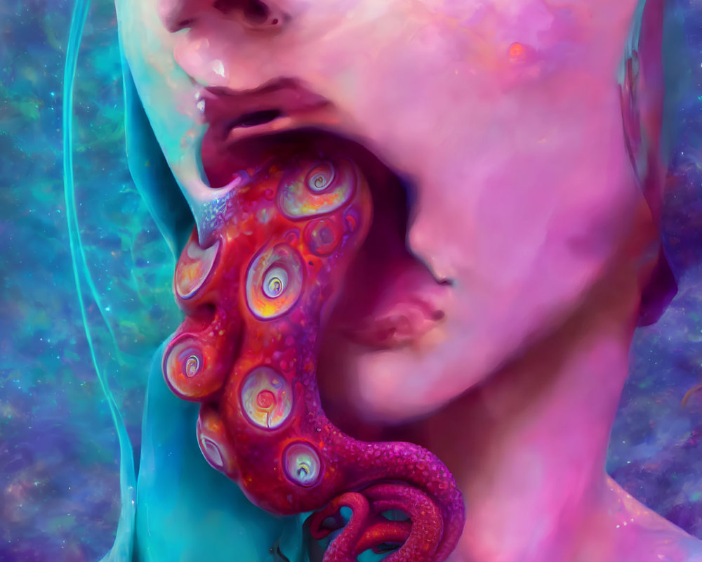Colorful digital artwork: Human profile with surreal octopus emerging, cosmic background