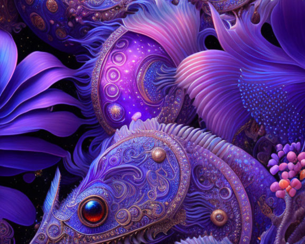 Abstract ornate fish-like creatures in cosmic purple setting