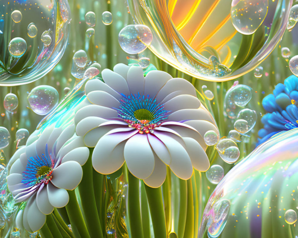Colorful illustration of luminescent bubbles and stylized white flowers in a lush green fantasy setting