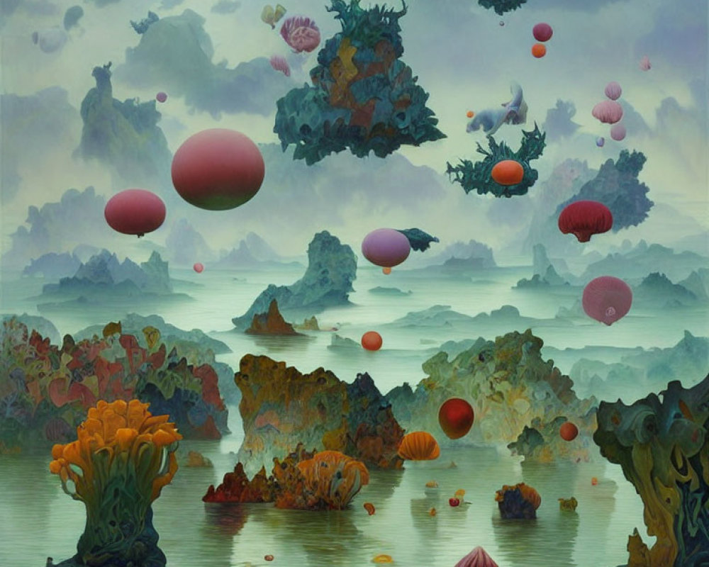 Colorful surreal landscape with floating islands and orbs above calm waters