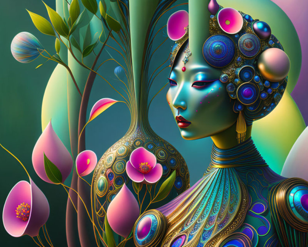 Surreal illustration of woman with peacock feather adornments in vibrant flora