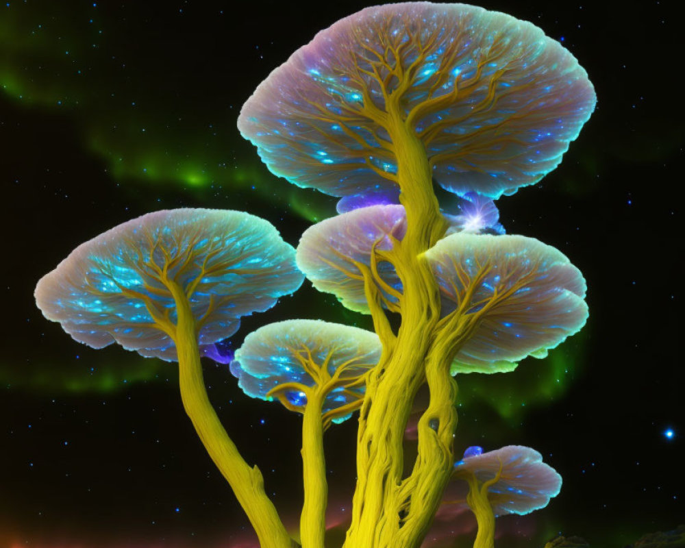Vibrant aurora borealis illuminating glowing tree-like mushrooms