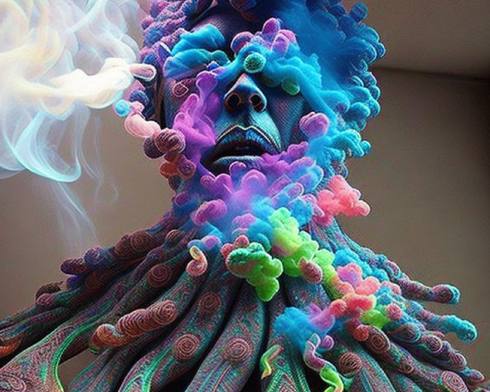 Colorful Stylized Costume with Smoke Effects Resembling Coral or Sea Creature