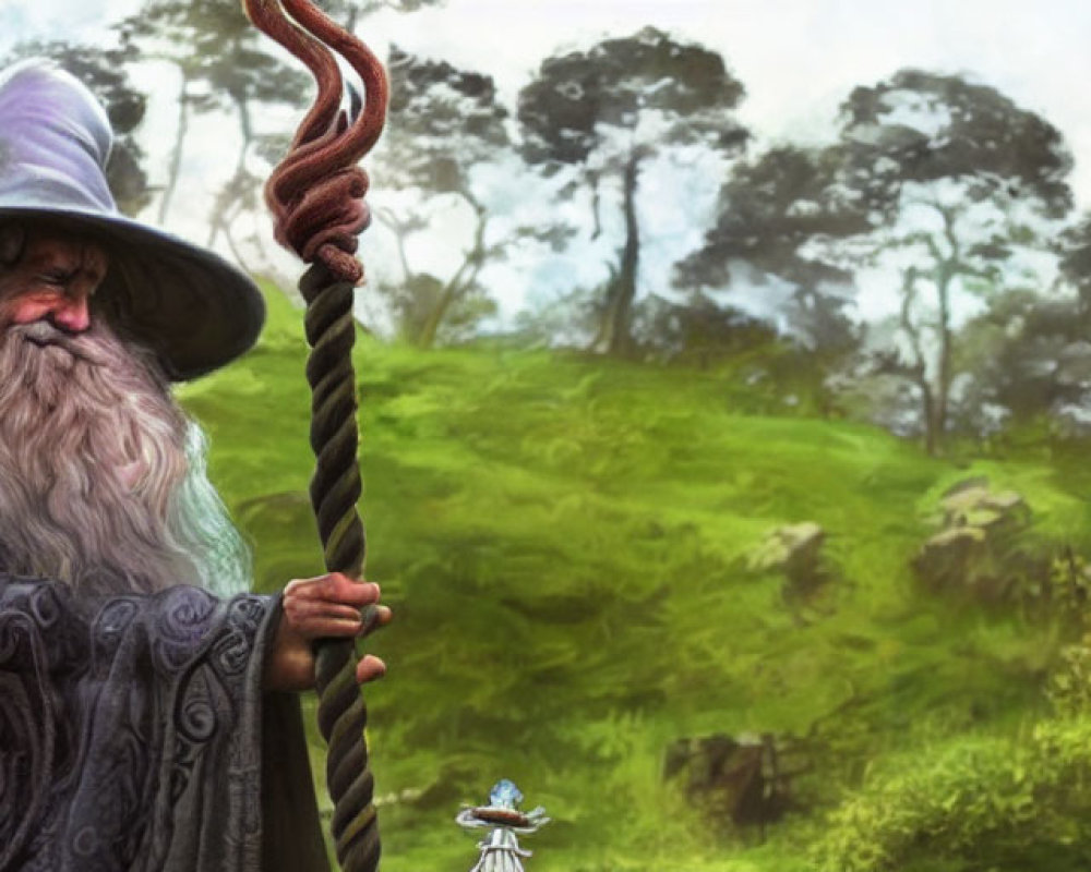 Wizard with Long Gray Beard and Purple Hat in Lush Forest Clearing