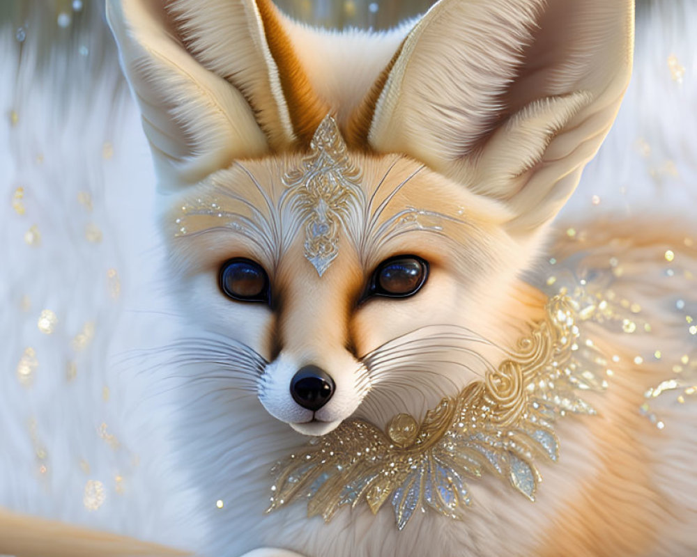 Anthropomorphic fennec fox with golden jewelry on blue fabric