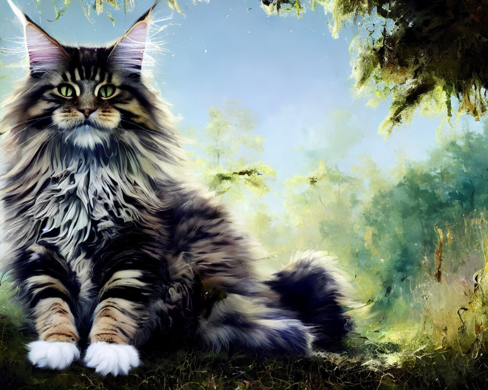 Striking long-haired cat against sunlit forest backdrop