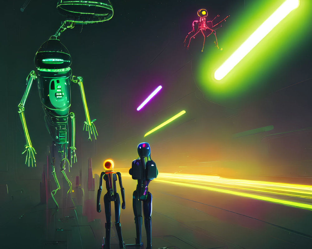 Three robots in neon-lit cyberpunk scene with flying propeller, light trails.