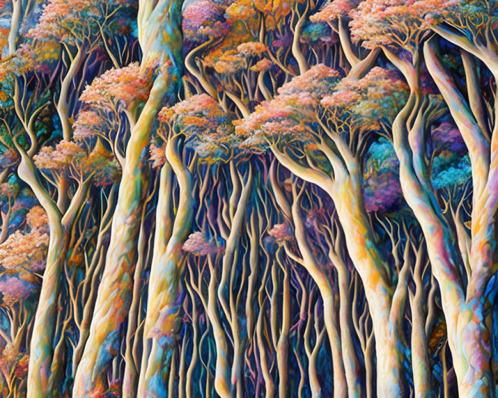 Colorful Surreal Forest Painting with Intertwined Trees