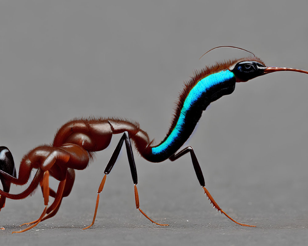 Vibrant Blue and Orange Marked Ant Close-Up on Grey Background