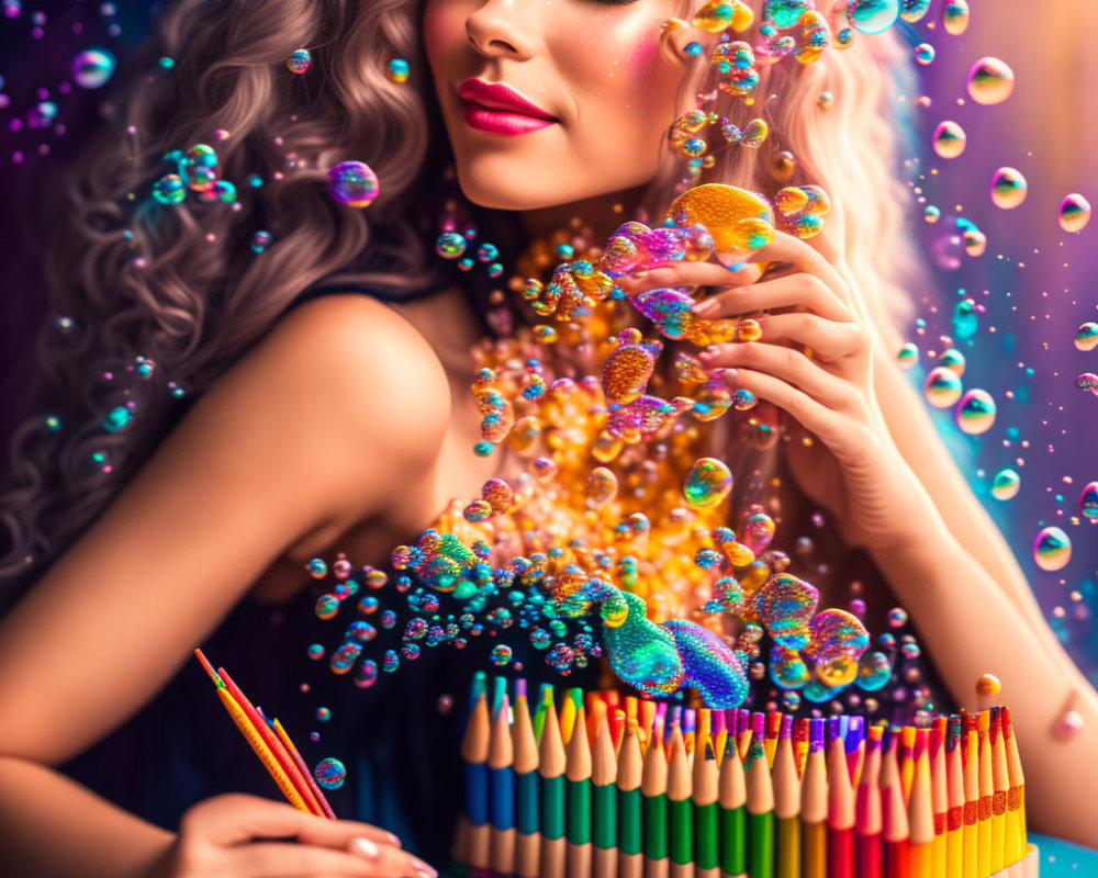 Curly-Haired Woman Smiles Surrounded by Vibrant Bubbles and Colored Pencil