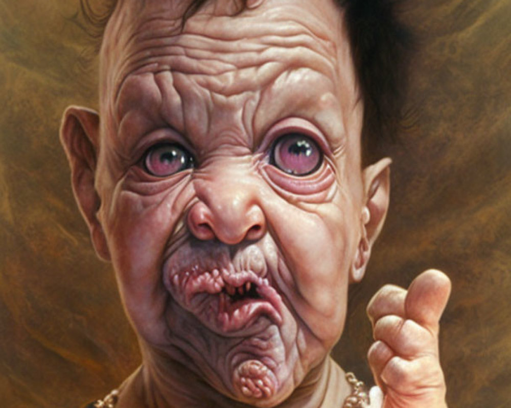 Elderly-baby hybrid with wrinkled face, bulging eyes, spiky hair,