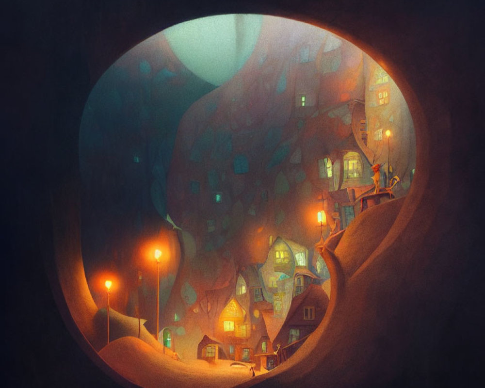 Surreal illustration: cozy village in cavern with warm glow