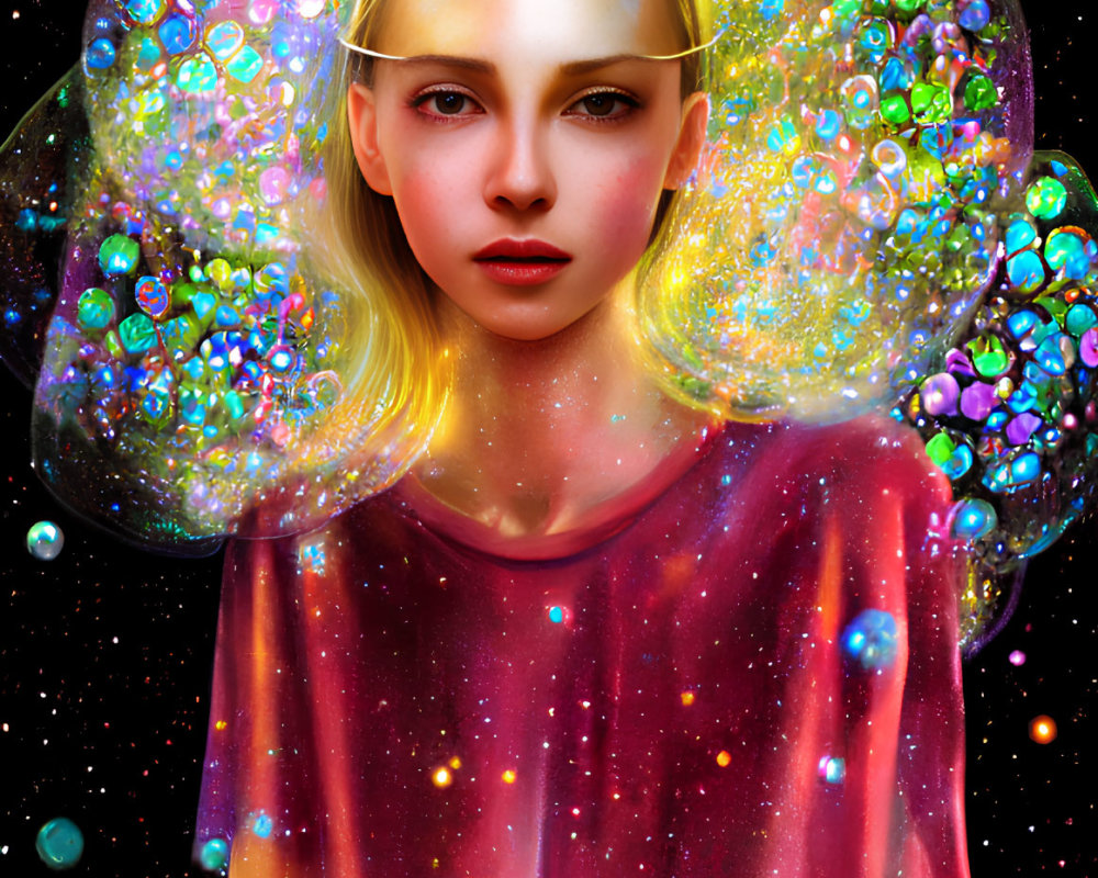 Cosmic-themed digital portrait of a woman in a bubble helmet.