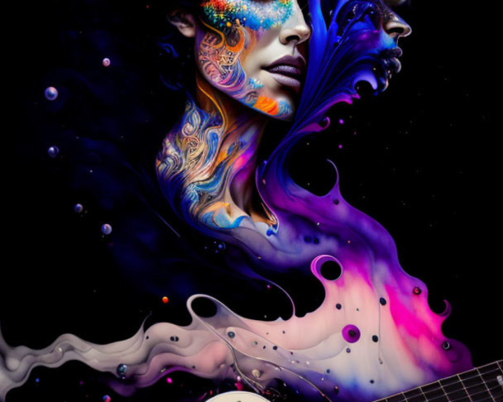 Vibrant surreal image: woman's face with colorful makeup, abstract liquid shapes, and white electric