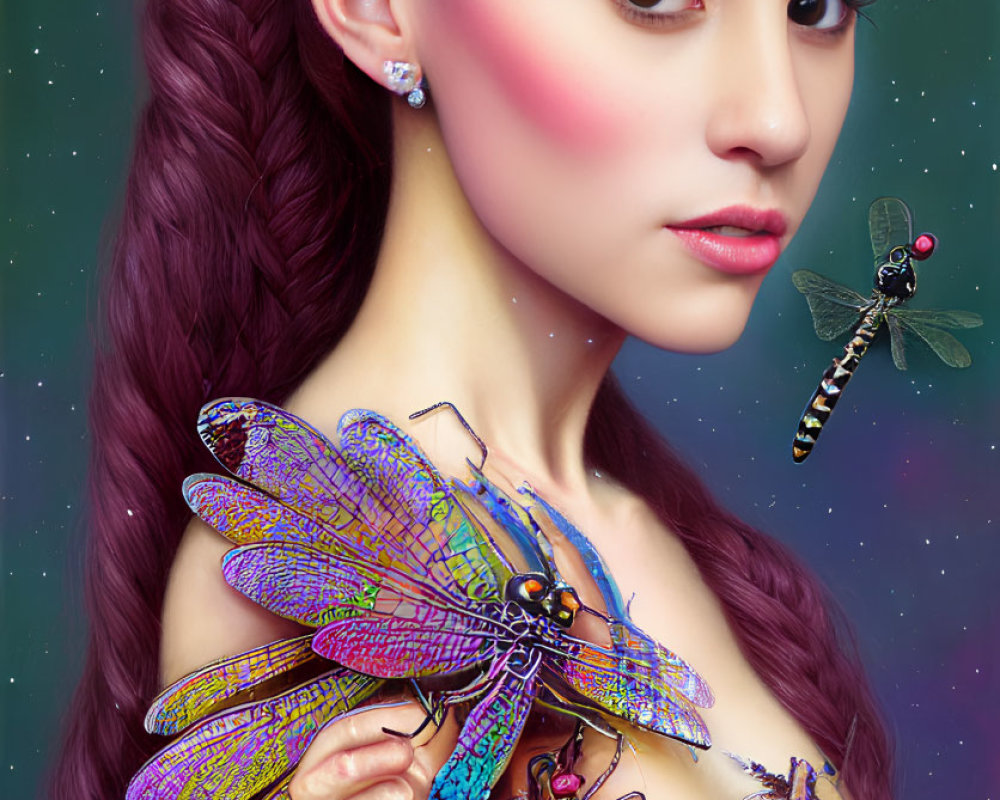 Digital artwork featuring woman with long braid and iridescent dragonflies.