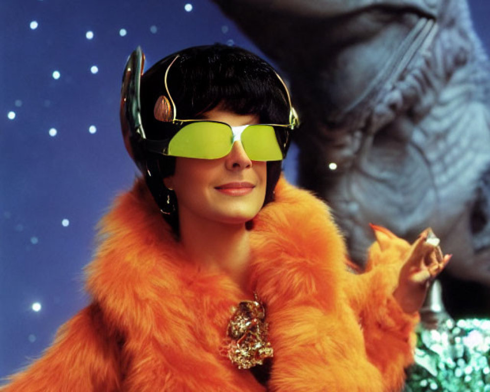 Dark-haired person in futuristic helmet and sunglasses with T-Rex figure in orange fur coat under starry