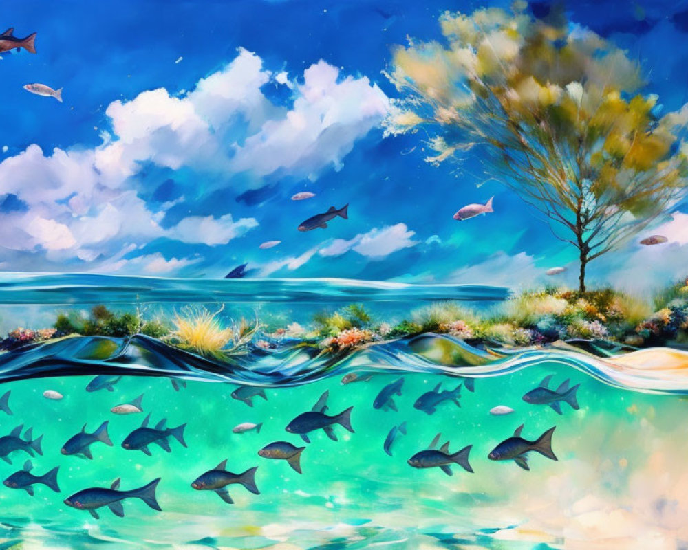 Colorful underwater scene with fish, sky, clouds, and island tree