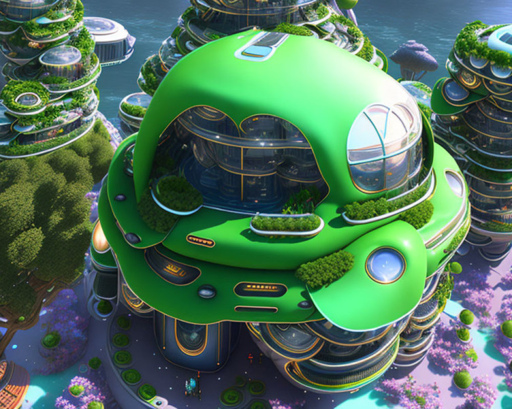 Green architecture with dome-like structures in futuristic cityscape.