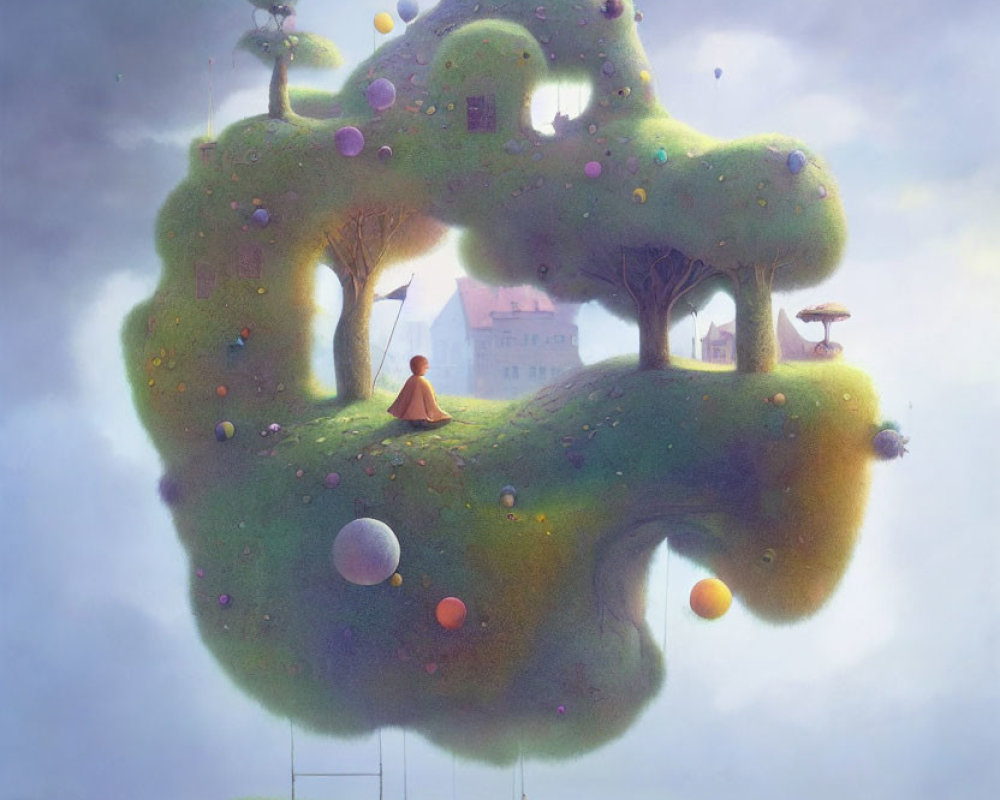 Floating island with whimsical trees, colorful orbs, and distant castle on misty backdrop