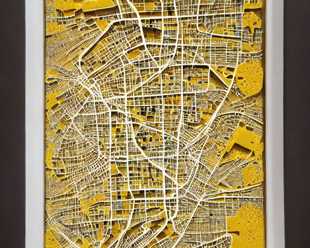 Detailed Three-Dimensional City Map Art on Yellow Background