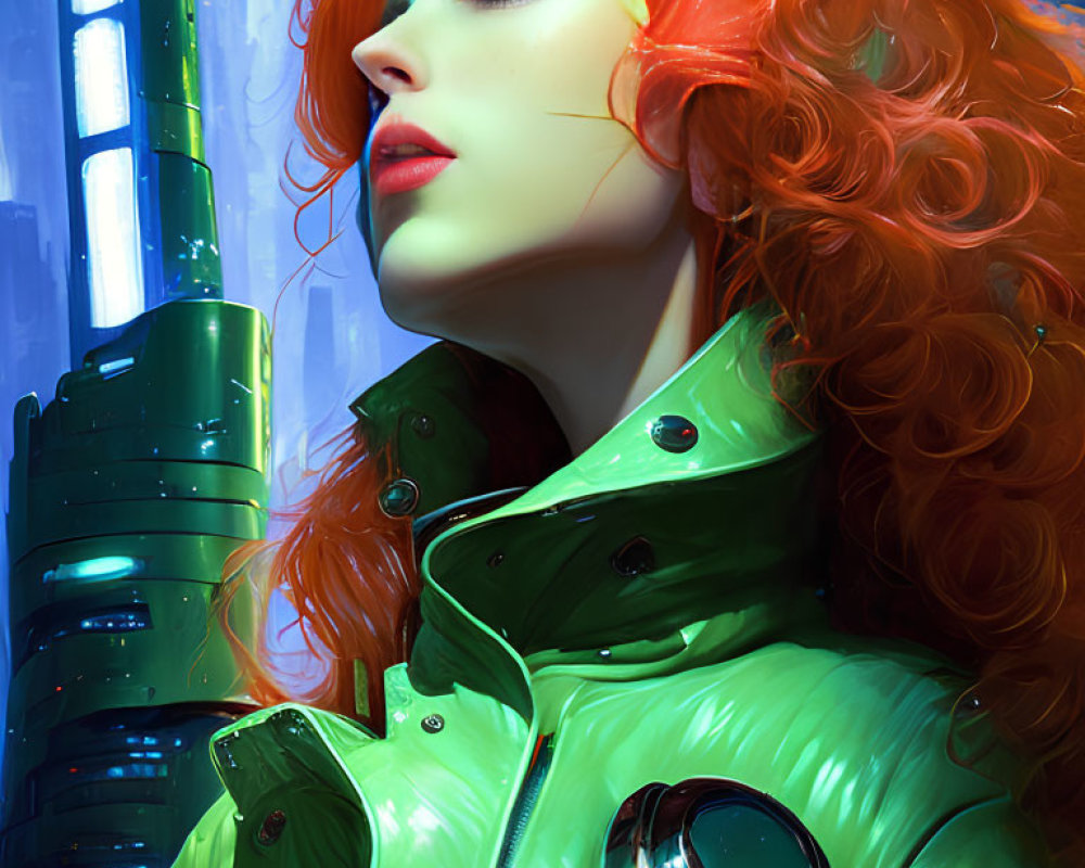 Vibrant red-haired woman in futuristic green jacket surrounded by neon-blue structures