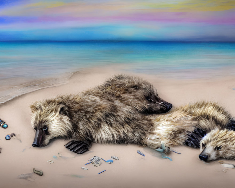 Raccoons on polluted beach with colorful skies and waste.